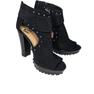 New Report Black Suede Open Toe Heels With Silver Studs Size 5.5